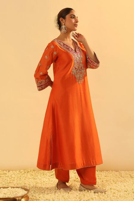 Shop_Sheetal Batra_Orange Silk, Chanderi, Bamboo Gota Patti, Alima A-line Kurta And Salwar Set _Online_at_Aza_Fashions