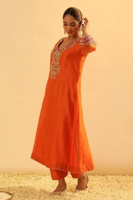 Sheetal Batra_Orange Silk, Chanderi, Bamboo Gota Patti, Alima A-line Kurta And Salwar Set _at_Aza_Fashions