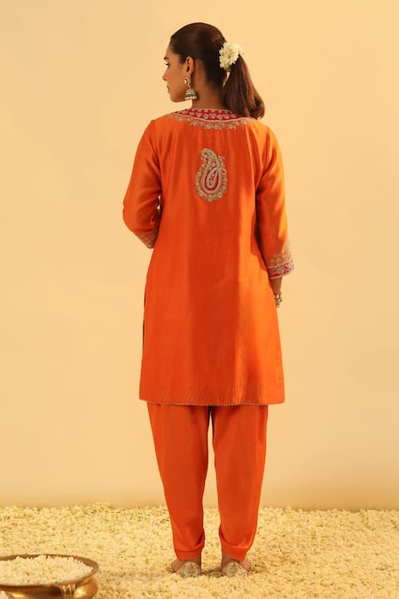 Shop Sheetal Batra Orange Silk, Chanderi, Bamboo Embroidery, Gota Anjum Kurta And Dhoti Pant Set at Aza Fashions Shop_Sheetal Batra_Orange Silk, Chanderi, Bamboo Embroidery, Gota Anjum Kurta And Dhoti Pant Set _at_Aza_Fashions