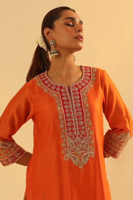 Sheetal Batra Orange Silk, Chanderi, Bamboo Embroidery, Gota Anjum Kurta And Dhoti Pant Set Online at Aza Fashions Sheetal Batra_Orange Silk, Chanderi, Bamboo Embroidery, Gota Anjum Kurta And Dhoti Pant Set _Online_at_Aza_Fashions