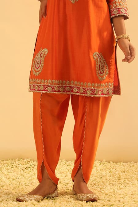 Buy Sheetal Batra Orange Silk, Chanderi, Bamboo Embroidery, Gota Anjum Kurta And Dhoti Pant Set Online at Aza Fashions Buy_Sheetal Batra_Orange Silk, Chanderi, Bamboo Embroidery, Gota Anjum Kurta And Dhoti Pant Set _Online_at_Aza_Fashions