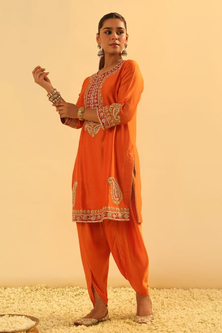 Shop Sheetal Batra Orange Silk, Chanderi, Bamboo Embroidery, Gota Anjum Kurta And Dhoti Pant Set Online at Aza Fashions Shop_Sheetal Batra_Orange Silk, Chanderi, Bamboo Embroidery, Gota Anjum Kurta And Dhoti Pant Set _Online_at_Aza_Fashions