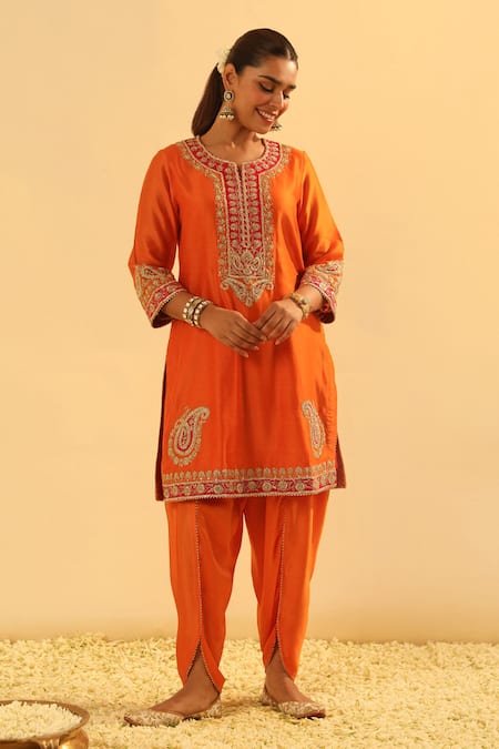 Sheetal Batra Orange Silk, Chanderi, Bamboo Embroidery, Gota Anjum Kurta And Dhoti Pant Set at Aza Fashions Sheetal Batra_Orange Silk, Chanderi, Bamboo Embroidery, Gota Anjum Kurta And Dhoti Pant Set _at_Aza_Fashions