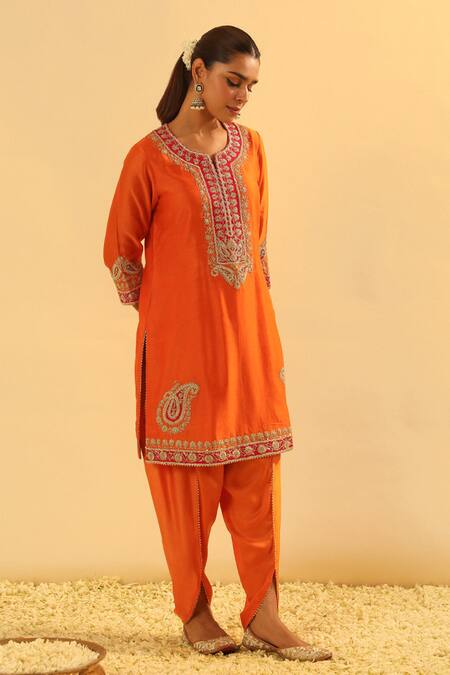 Buy Sheetal Batra Orange Silk, Chanderi, Bamboo Embroidery, Gota Anjum Kurta And Dhoti Pant Set Buy_Sheetal Batra_Orange Silk, Chanderi, Bamboo Embroidery, Gota Anjum Kurta And Dhoti Pant Set