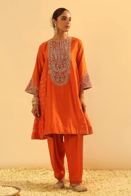 Sheetal Batra Orange Kurta Silk Chanderi Embroidered Kundan Closed Falisha And Salwar Set 