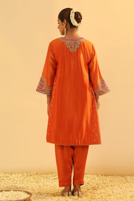 Shop Sheetal Batra Orange Silk, Chanderi, Bamboo Gota Patti, Embroidery Falisha Kurta And Salwar Set at Aza Fashions Shop_Sheetal Batra_Orange Silk, Chanderi, Bamboo Gota Patti, Embroidery Falisha Kurta And Salwar Set _at_Aza_Fashions