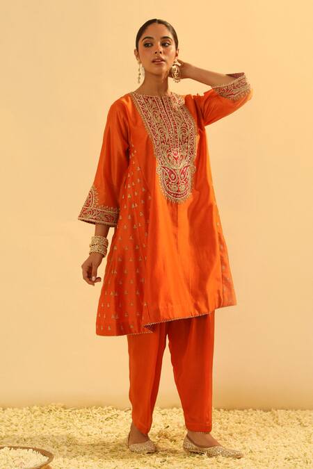 Buy Sheetal Batra Orange Silk, Chanderi, Bamboo Gota Patti, Embroidery Falisha Kurta And Salwar Set Online at Aza Fashions Buy_Sheetal Batra_Orange Silk, Chanderi, Bamboo Gota Patti, Embroidery Falisha Kurta And Salwar Set _Online_at_Aza_Fashions