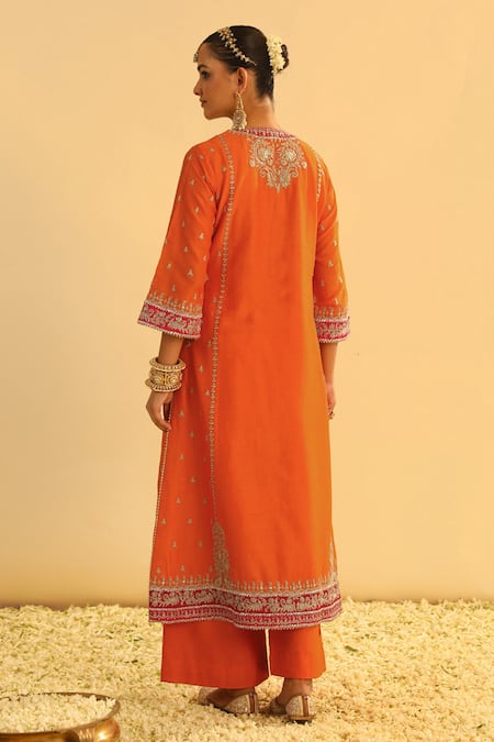 Shop Sheetal Batra Orange Silk Organza, Silk, Chanderi Gota Patti, Mayra Kurta Palazzo Set at Aza Fashions Shop_Sheetal Batra_Orange Silk Organza, Silk, Chanderi Gota Patti, Mayra Kurta Palazzo Set _at_Aza_Fashions