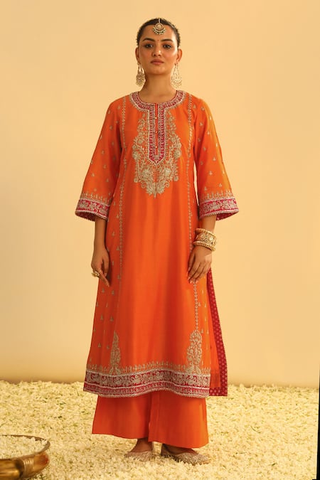 Shop Sheetal Batra Orange Silk Organza, Silk, Chanderi Gota Patti, Mayra Kurta Palazzo Set Online at Aza Fashions Shop_Sheetal Batra_Orange Silk Organza, Silk, Chanderi Gota Patti, Mayra Kurta Palazzo Set _Online_at_Aza_Fashions
