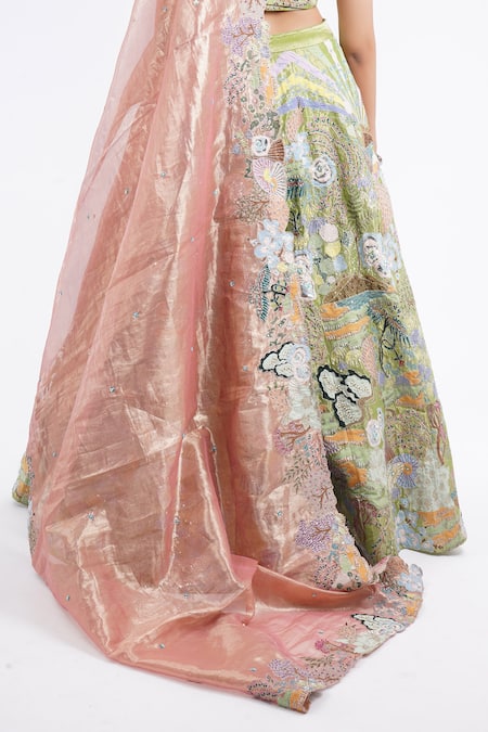 Aisha Rao_Green Tissue Embroidery, Applique Cowl Neck Floral Lehenga Set _Online_at_Aza_Fashions