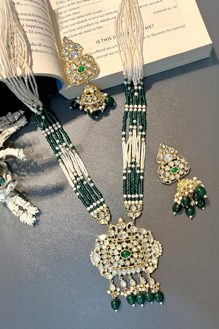 Prestones Green Kundan Embellished Multistrand Necklace Set 