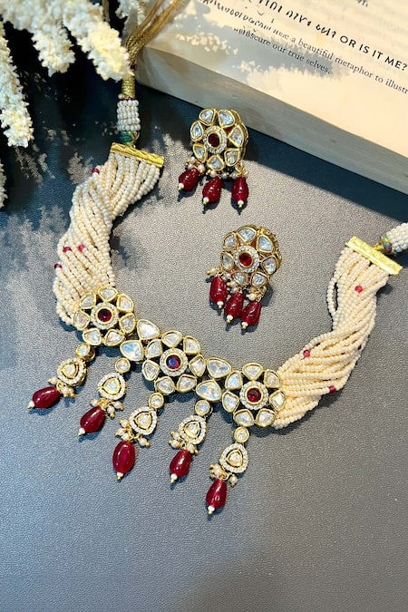 Shop Prestones Red Pearls, Stones Polki Embellished Choker Necklace Set at Aza Fashions Shop_Prestones_Red Pearls, Stones Polki Embellished Choker Necklace Set _at_Aza_Fashions