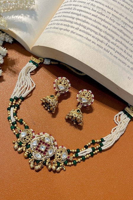 Prestones Green Pearl Kundan And Embellished Necklace Set 