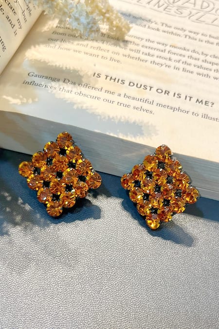 Shop Prestones Orange Smocking Swarovski Stone Embellished Studs at Aza Fashions Shop_Prestones_Orange Smocking Swarovski Stone Embellished Studs _at_Aza_Fashions