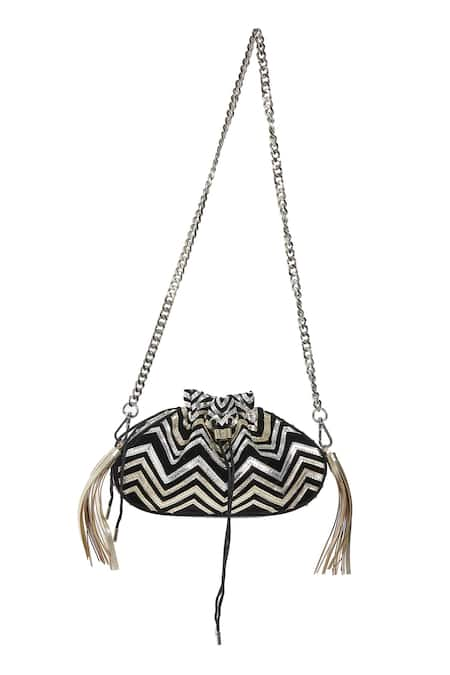 Kaeros Black Leather Applique Geometric Chevron Potli Bag