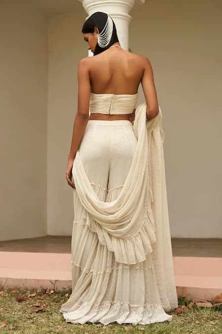 Amrta By Guneet Kondal Hand Embroidered Ruched Blouse With Tiered Sharara Saree 