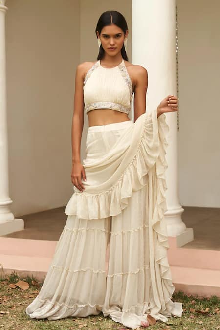 Amrta By Guneet Kondal Ivory Viscose, Georgette Hand Ruched Blouse With Tiered Sharara Saree Online at Aza Fashions Amrta By Guneet Kondal_Ivory Viscose, Georgette Hand Ruched Blouse With Tiered Sharara Saree _Online_at_Aza_Fashions