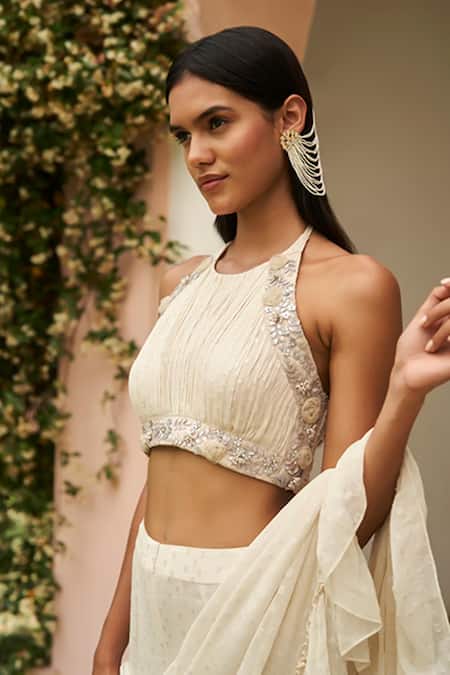 Buy Amrta By Guneet Kondal Ivory Viscose, Georgette Hand Ruched Blouse With Tiered Sharara Saree Online at Aza Fashions Buy_Amrta By Guneet Kondal_Ivory Viscose, Georgette Hand Ruched Blouse With Tiered Sharara Saree _Online_at_Aza_Fashions