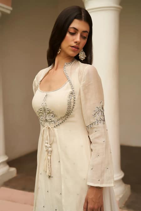 Amrta By Guneet Kondal White Silk, Chanderi, Tulle Zari, Embroidery Round Neck Hand Kurta Skirt Set Online at Aza Fashions Amrta By Guneet Kondal_White Silk, Chanderi, Tulle Zari, Embroidery Round Neck Hand Kurta Skirt Set _Online_at_Aza_Fashions