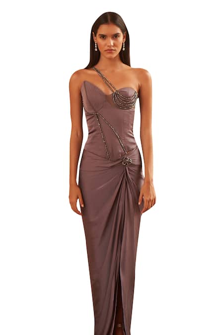 Amrta By Guneet Kondal_Grey Viscose, Satin, Silk Beads Asymmetric Corset With Drape Skirt _Online_at_Aza_Fashions