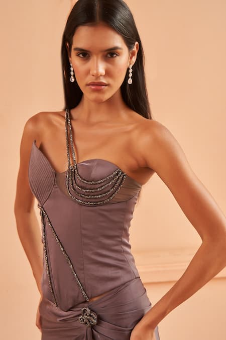 Shop_Amrta By Guneet Kondal_Grey Viscose, Satin, Silk Beads Asymmetric Corset With Drape Skirt _Online_at_Aza_Fashions