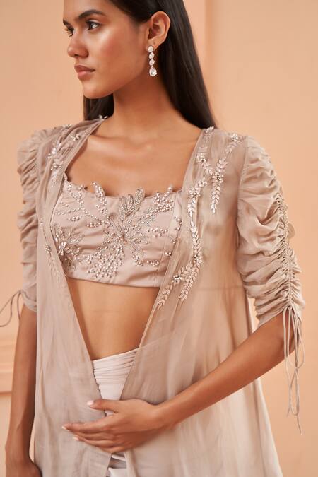 Buy Amrta By Guneet Kondal Beige Satin Beads Square Neck Hand Embroidered Blouse Set With Cape Buy_Amrta By Guneet Kondal_Beige Satin Beads Square Neck Hand Embroidered Blouse Set With Cape
