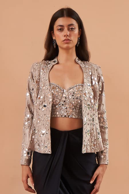Buy Amrta By Guneet Kondal Blue , Satin Beads, Mirrors, Hand Draped Skirt Set With Jacket Online at Aza Fashions Buy_Amrta By Guneet Kondal_Blue , Satin Beads, Mirrors, Hand Draped Skirt Set With Jacket _Online_at_Aza_Fashions