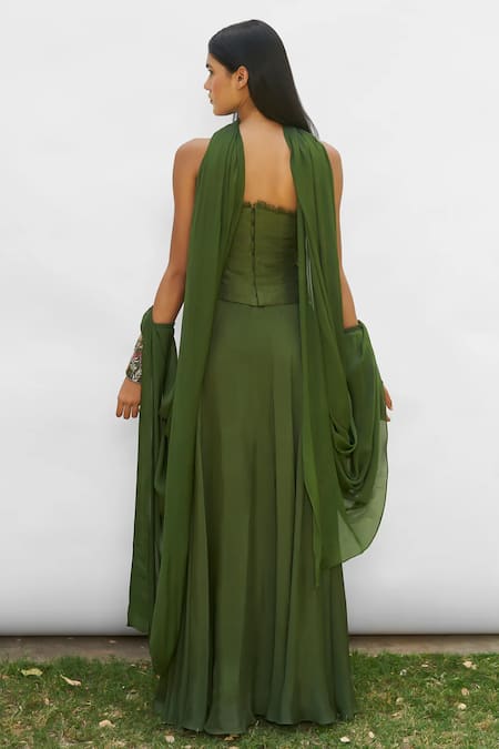 Shop Amrta By Guneet Kondal Green Silk, Viscose, Chiffon Embroidery Floral Hand Corset Dupatta Set at Aza Fashions Shop_Amrta By Guneet Kondal_Green Silk, Viscose, Chiffon Embroidery Floral Hand Corset Dupatta Set _at_Aza_Fashions