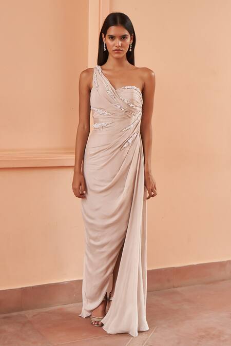 Amrta By Guneet Kondal Pink Viscose, Chiffon Pearls Asymmetric Embroidered Draped Slit Gown Online at Aza Fashions Amrta By Guneet Kondal_Pink Viscose, Chiffon Pearls Asymmetric Embroidered Draped Slit Gown _Online_at_Aza_Fashions