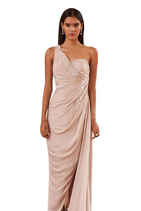 Buy Amrta By Guneet Kondal Pink Viscose, Chiffon Pearls Asymmetric Embroidered Draped Slit Gown Online at Aza Fashions Buy_Amrta By Guneet Kondal_Pink Viscose, Chiffon Pearls Asymmetric Embroidered Draped Slit Gown _Online_at_Aza_Fashions