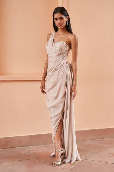 Shop Amrta By Guneet Kondal Pink Viscose, Chiffon Pearls Asymmetric Embroidered Draped Slit Gown Online at Aza Fashions Shop_Amrta By Guneet Kondal_Pink Viscose, Chiffon Pearls Asymmetric Embroidered Draped Slit Gown _Online_at_Aza_Fashions