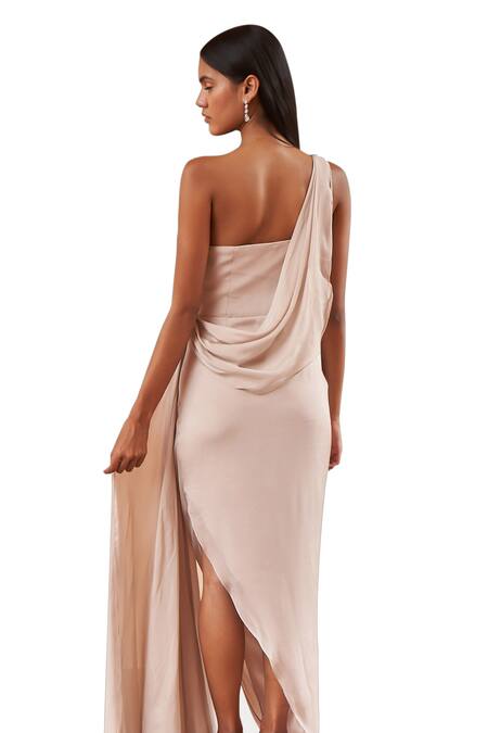 Shop Amrta By Guneet Kondal Pink Viscose, Chiffon Pearls Asymmetric Embroidered Draped Slit Gown Shop_Amrta By Guneet Kondal_Pink Viscose, Chiffon Pearls Asymmetric Embroidered Draped Slit Gown