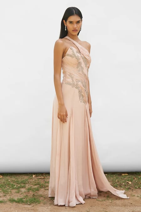 AMRTA by GUNEET KONDAL Peach Shell- 100% Chinon Embroidered Vines Asymmetric Draped Gown 