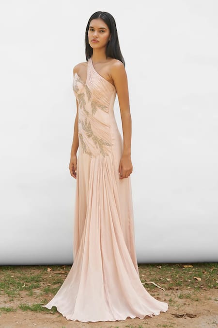 Amrta By Guneet Kondal_Peach Viscose Embroidery Asymmetric Vines Draped Gown _Online_at_Aza_Fashions