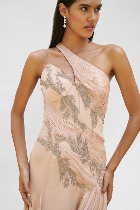 Buy_Amrta By Guneet Kondal_Peach Viscose Embroidery Asymmetric Vines Draped Gown _Online_at_Aza_Fashions