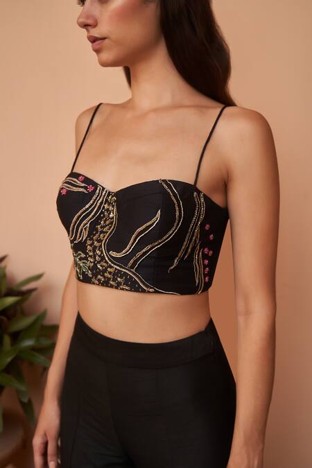 Shop Amrta By Guneet Kondal Black Silk, Viscose Embroidery Sweetheart Neck, Open Floral Bustier Trouser Set Online at Aza Fashions Shop_Amrta By Guneet Kondal_Black Silk, Viscose Embroidery Sweetheart Neck, Open Floral Bustier Trouser Set _Online_at_Aza_Fashions