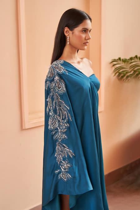 Buy Amrta By Guneet Kondal Blue Satin, Viscose Embroidery Asymmetric Placement Kaftan Online at Aza Fashions Buy_Amrta By Guneet Kondal_Blue Satin, Viscose Embroidery Asymmetric Placement Kaftan _Online_at_Aza_Fashions