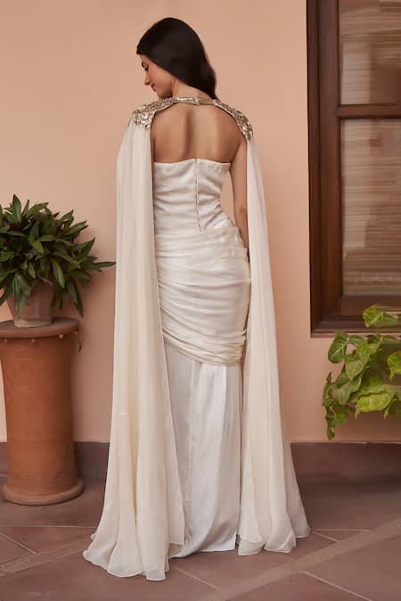 Shop_Amrta By Guneet Kondal_White Silk, Satin Sequins Sweetheart Neck Embellished Corset Blouse Cape Set _at_Aza_Fashions