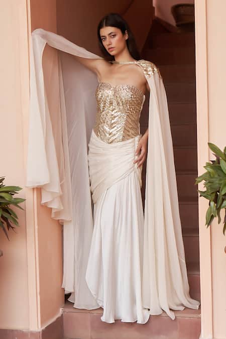 Buy_Amrta By Guneet Kondal_White Silk, Satin Sequins Sweetheart Neck Embellished Corset Blouse Cape Set 