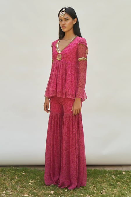 AMRTA by GUNEET KONDAL Pink Peplum Top Shell- 100% Georgette Printed Paisley V-neck With Sharara 