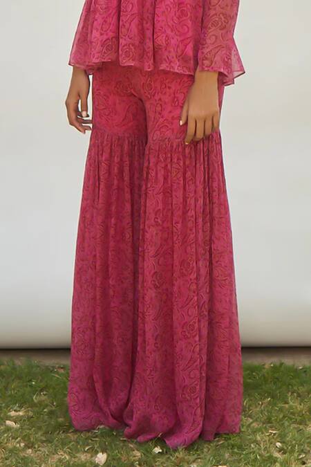 Amrta By Guneet Kondal Pink Georgette Embroidery V-neck Paisley Printed Peplum Top With Sharara Online at Aza Fashions Amrta By Guneet Kondal_Pink Georgette Embroidery V-neck Paisley Printed Peplum Top With Sharara _Online_at_Aza_Fashions