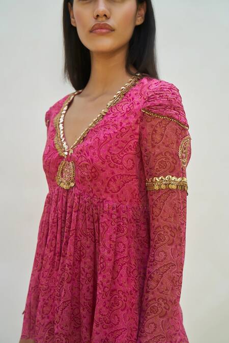 Buy Amrta By Guneet Kondal Pink Georgette Embroidery V-neck Paisley Printed Peplum Top With Sharara Online at Aza Fashions Buy_Amrta By Guneet Kondal_Pink Georgette Embroidery V-neck Paisley Printed Peplum Top With Sharara _Online_at_Aza_Fashions