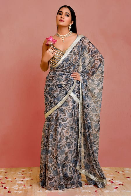 Bannhi Beige Georgette Printed Pearl Plunge Floral Pre-draped Saree With Blouse 