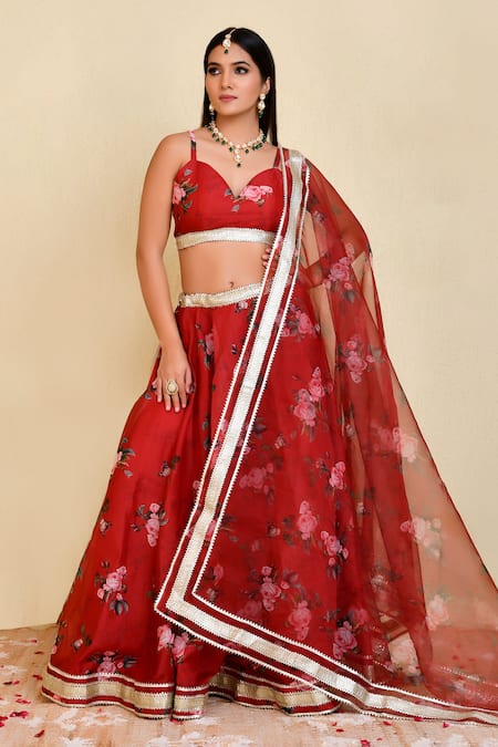 Bannhi Maroon Chanderi Printed Floral Plunge V Lehenga Blouse Set 