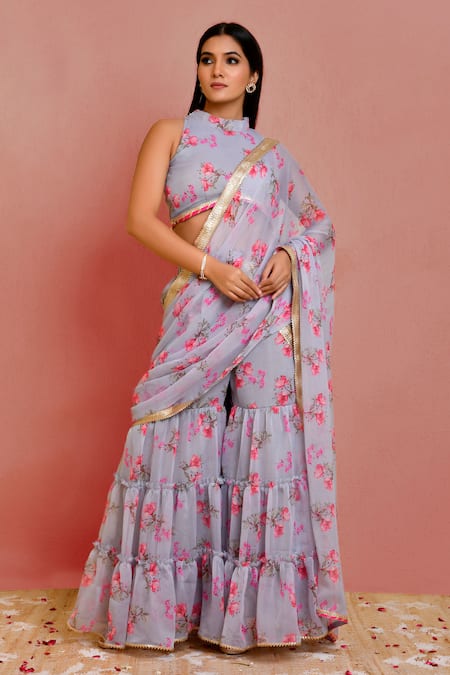 Bannhi Floral Print Sharara Pre-Draped Saree With Blouse 