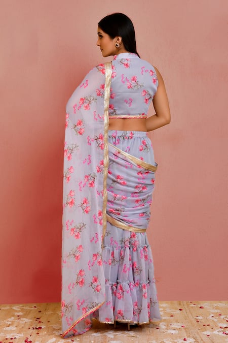 Bannhi By Priyanka Rathore Floral Print Sharara Pre-Draped Saree With Blouse 
