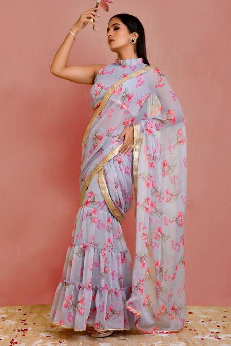 Buy_Bannhi By Priyanka Rathore_Grey Chiffon Embroidery, Lace Floral Print Sharara Pre-draped Saree With Blouse _Online_at_Aza_Fashions