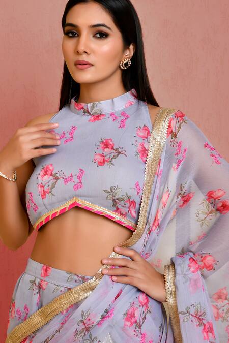 Shop_Bannhi By Priyanka Rathore_Grey Chiffon Embroidery, Lace Floral Print Sharara Pre-draped Saree With Blouse _Online_at_Aza_Fashions