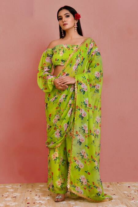 Buy_Bannhi By Priyanka Rathore_Green Georgette Sequins Floral Print Pre-draped Pant Saree With Blouse _Online_at_Aza_Fashions