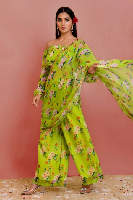Shop_Bannhi By Priyanka Rathore_Green Georgette Sequins Floral Print Pre-draped Pant Saree With Blouse _Online_at_Aza_Fashions